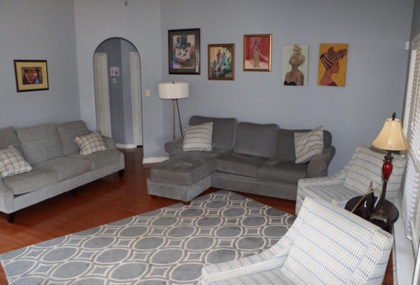 Spacious interior room featuring wood-finish flooring, a decorative area rug, and an arched doorway