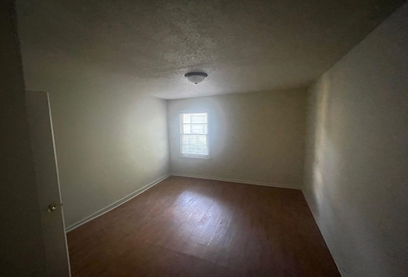 Room featuring wood-finish flooring, a single window, and a ceiling-mounted light fixture