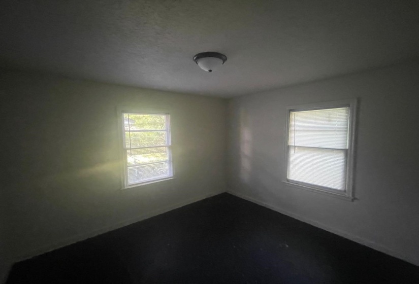 Interior room featuring two double-hung windows with blinds, dark flooring, light-colored walls, and a ceiling-mounted flush light fixture