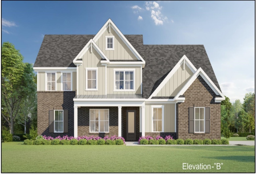 Two-story residence featuring a brick and siding exterior, gabled rooflines, a covered front porch with white columns, and multiple windows with dark shutters