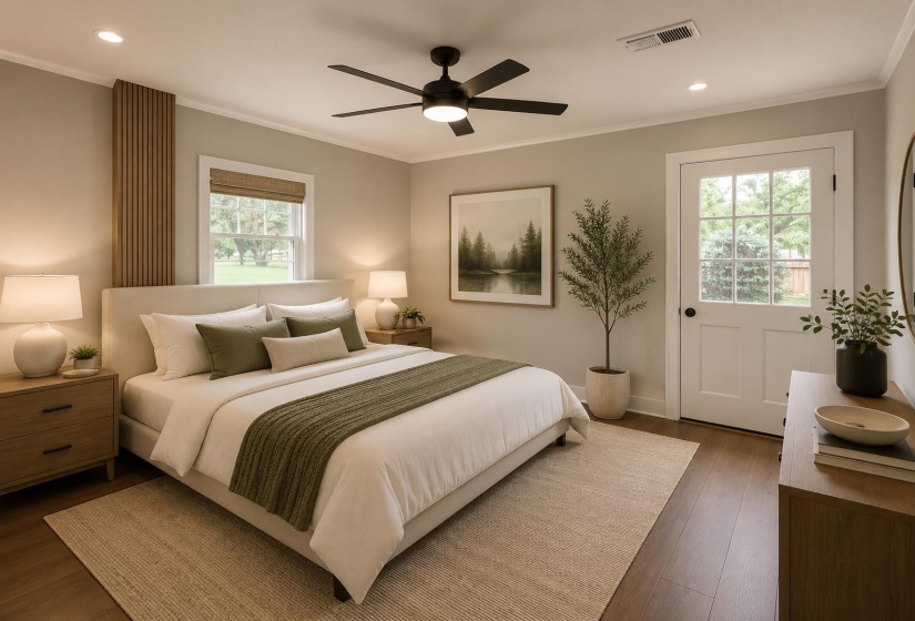 Hardwood-style flooring extends throughout this room, complemented by a ceiling fan with integrated lighting