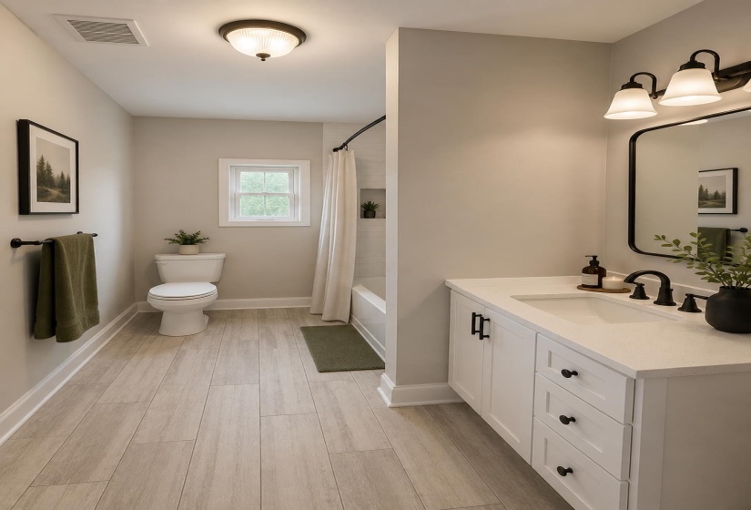 Modern bathroom featuring a single vanity with a white countertop and integrated sink, black hardware, and wood-finish flooring