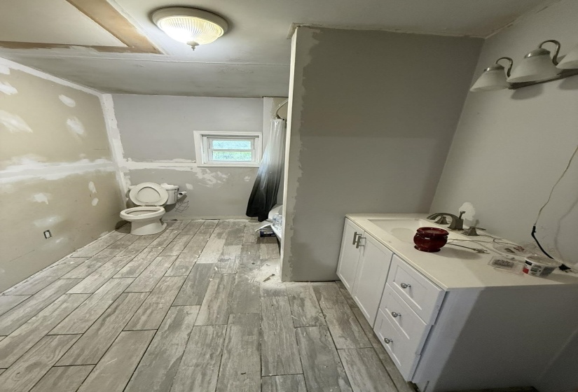 Bathroom featuring wood-look tile flooring, white vanity with integrated sink, three-light fixture above vanity, and a window providing natural light