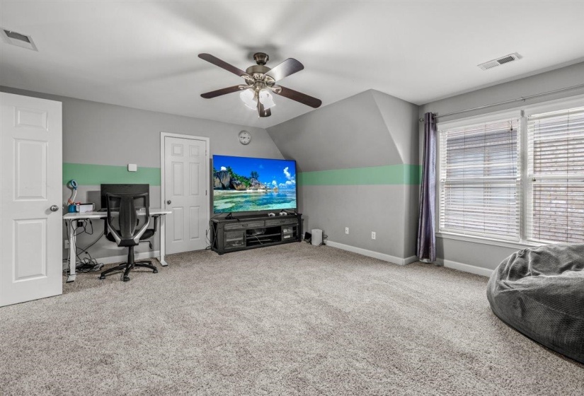 Carpeted room featuring a ceiling fan with integrated lighting, two windows with blinds, and white trim throughout