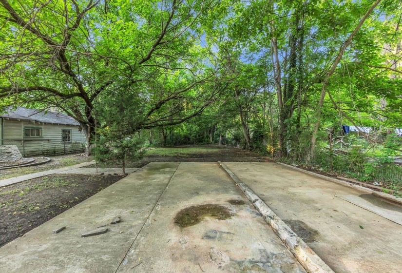 Concrete driveway and surrounding landscape featuring mature trees and a detached structure