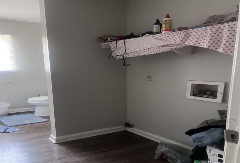 Dedicated laundry area featuring wood-finish flooring, a wall-mounted shelf, and light gray walls