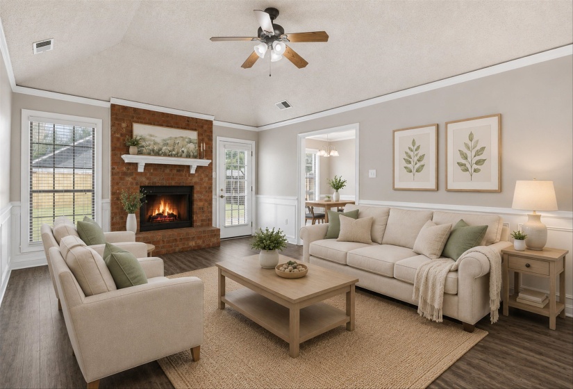 Living area featuring wood-finish flooring, wainscoting, and a vaulted ceiling with a ceiling fan