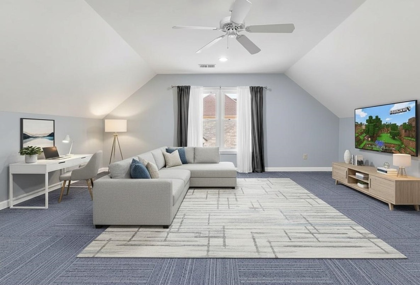 Expansive bonus room featuring vaulted ceilings, a ceiling fan, recessed lighting, and blue carpet flooring