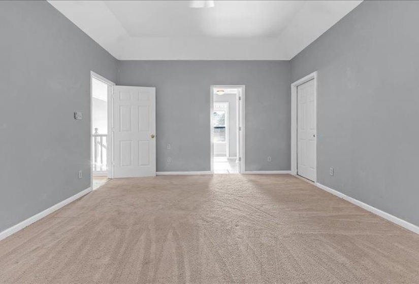 Spacious room featuring neutral carpeting, light gray wall paint, and white trim