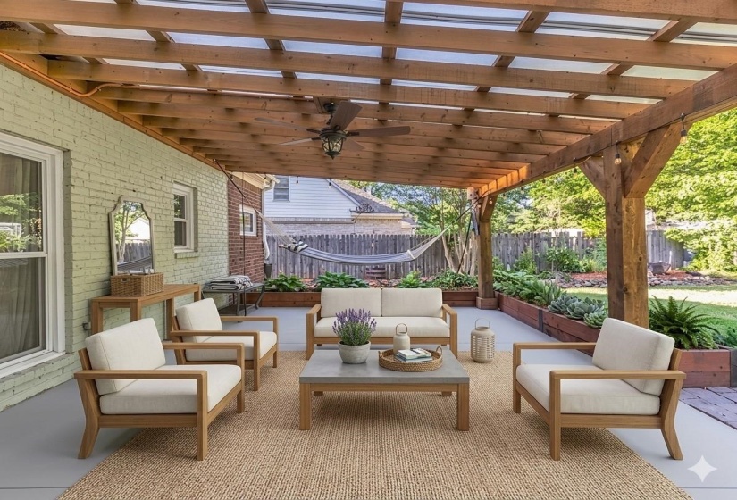 Expansive covered patio featuring a wood pergola with a translucent roof, a ceiling fan, and painted brick exterior