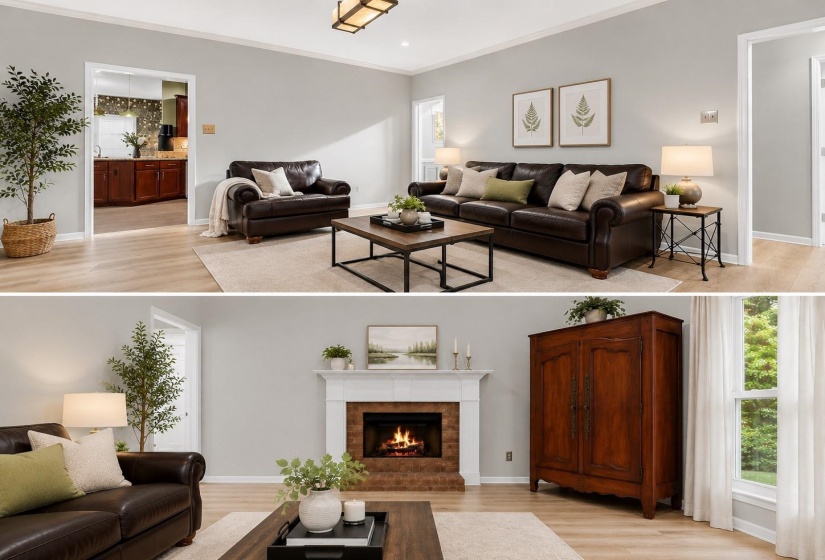Property interior images. Depicting a living area with furnishings and a fireplace
