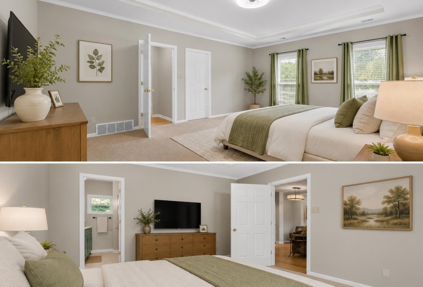 Recessed ceiling with crown molding, two windows with window treatments, light-toned carpeting, and a built-in wall vent