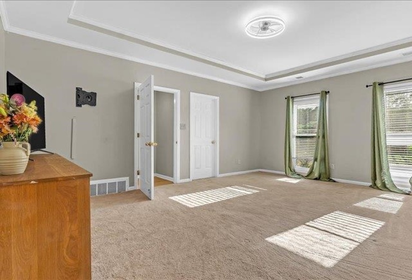 Spacious room featuring a tray ceiling with crown molding, ceiling light fixture, two windows with blinds, and carpeting