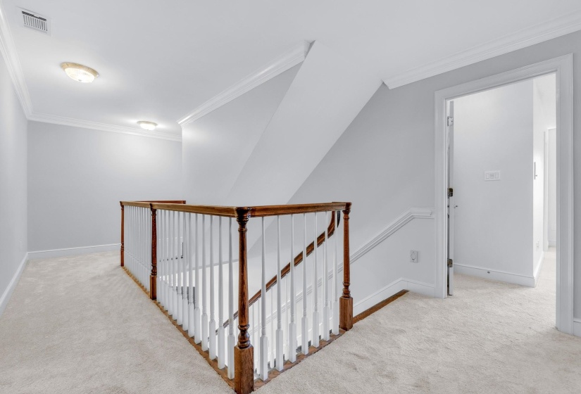 Open landing featuring light-toned carpeting, a stained wood handrail, white balusters, and crown molding