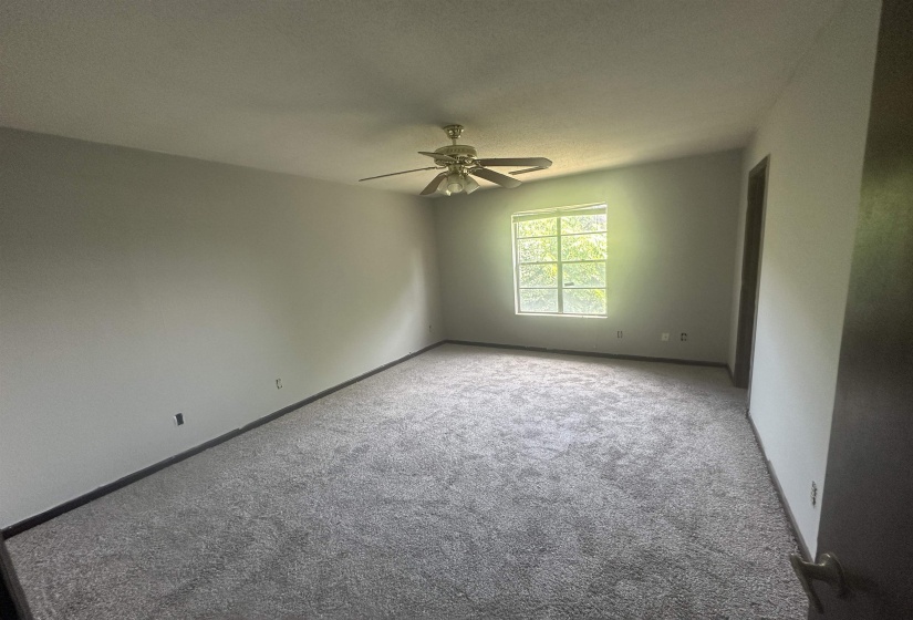 Spacious room featuring neutral paint, gray carpet, a ceiling fan, and a window with natural light