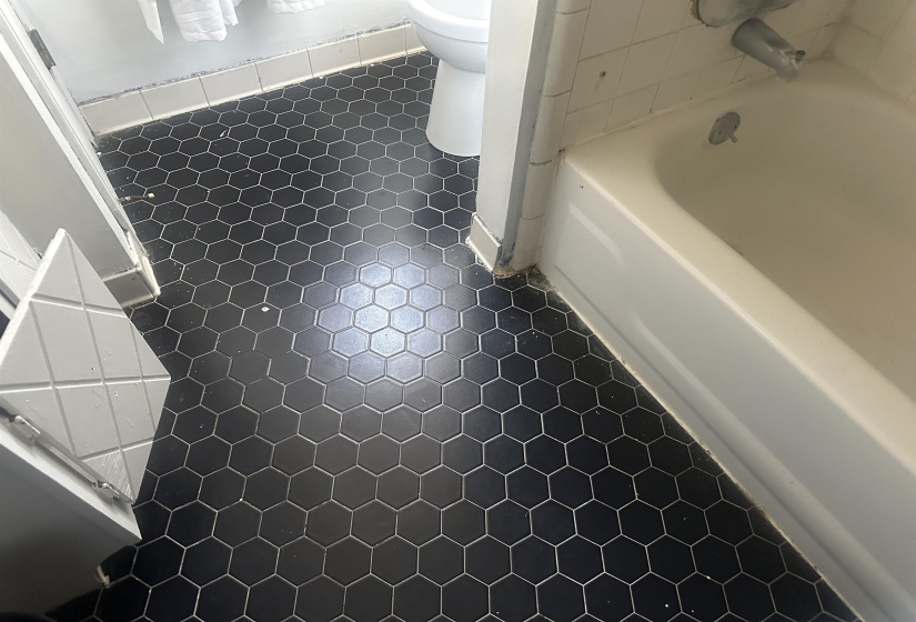 Black hexagonal floor tiling provides a geometric pattern