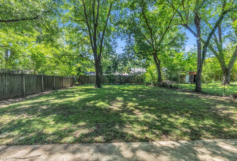 Expansive backyard featuring a lush lawn, mature trees, and a perimeter wood fence