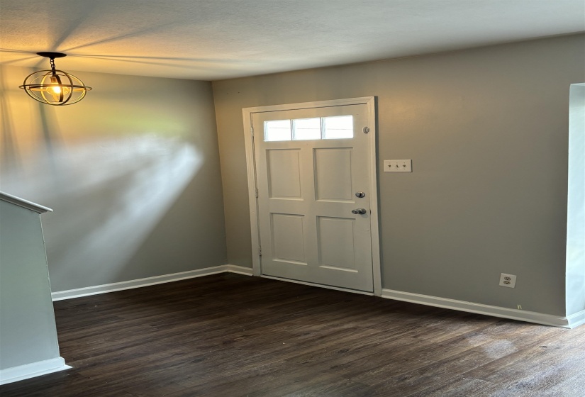 Entryway featuring wood-finish flooring, a white paneled door with integrated window panes, a black orb-style light fixture, gray wall paint, and white baseboards