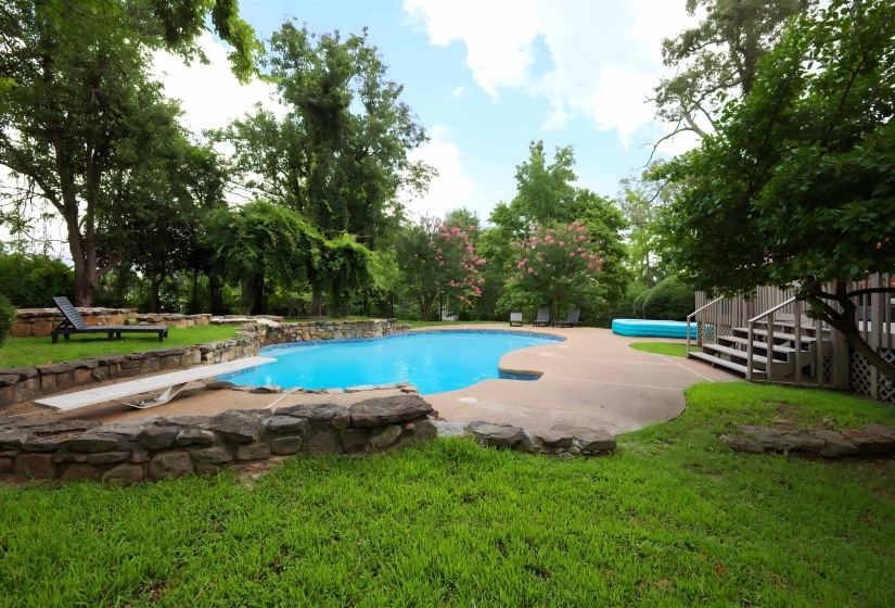 Outdoor pool with a lawn, a patio, and a diving board
