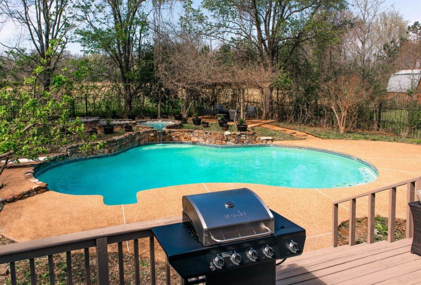 Outdoor pool featuring a fenced backyard, a patio, and grilling area