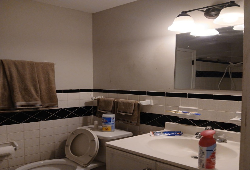 Bathroom with tile wainscoting featuring a black geometric accent band