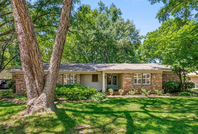 Brick and siding exterior featuring a light blue front door with sidelights, a covered entryway, multiple front windows with white frames, and established front landscaping