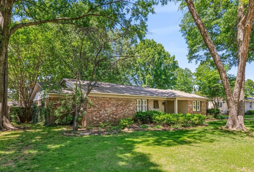 Brick exterior residence featuring a covered entry porch, white window frames, and established landscaping