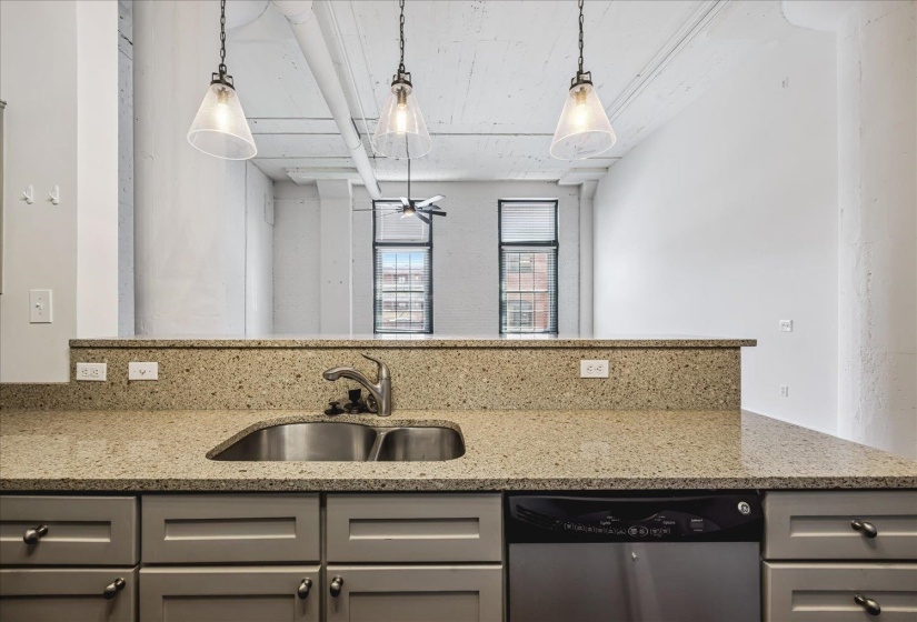Kitchen featuring a double basin stainless steel sink, a stainless steel dishwasher, and light-colored cabinetry with dark hardware