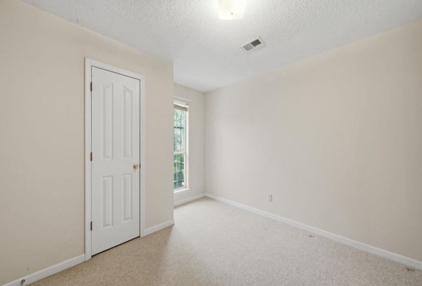 Neutral-toned carpeting and walls complement a single window with exterior tree foliage