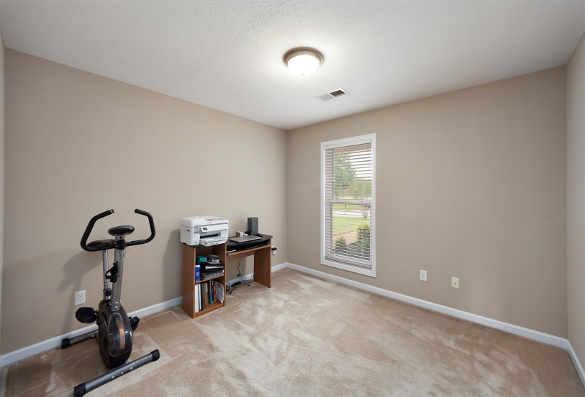 Neutral tone walls, plush carpet flooring, and a single window with blinds