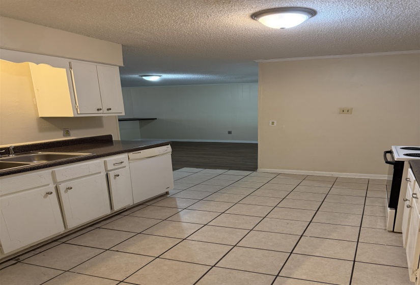 Kitchen featuring white cabinetry, dark countertops, a double basin sink, and a built-in dishwasher