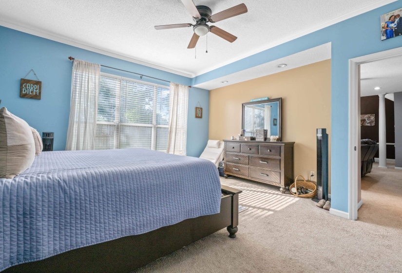 Spacious room featuring broadloom carpet flooring, a ceiling fan, and a large window with blinds