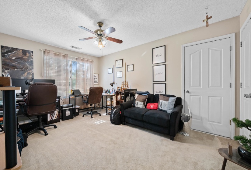 Spacious room with plush carpet flooring, multiple windows, a ceiling fan with integrated lighting, and neutral wall tones