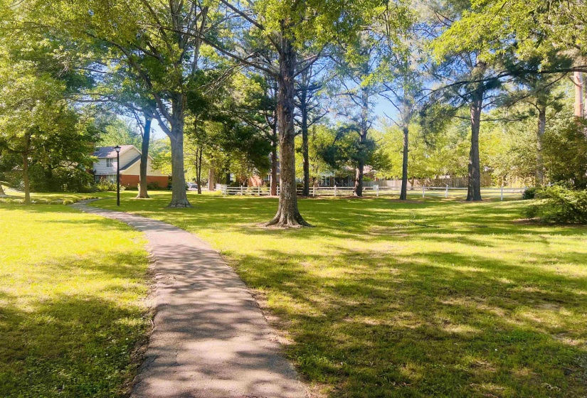 Part of the Private Neighborhood Walking Trail & Expansive green spaces featuring a winding paved pathway & mature shade trees.