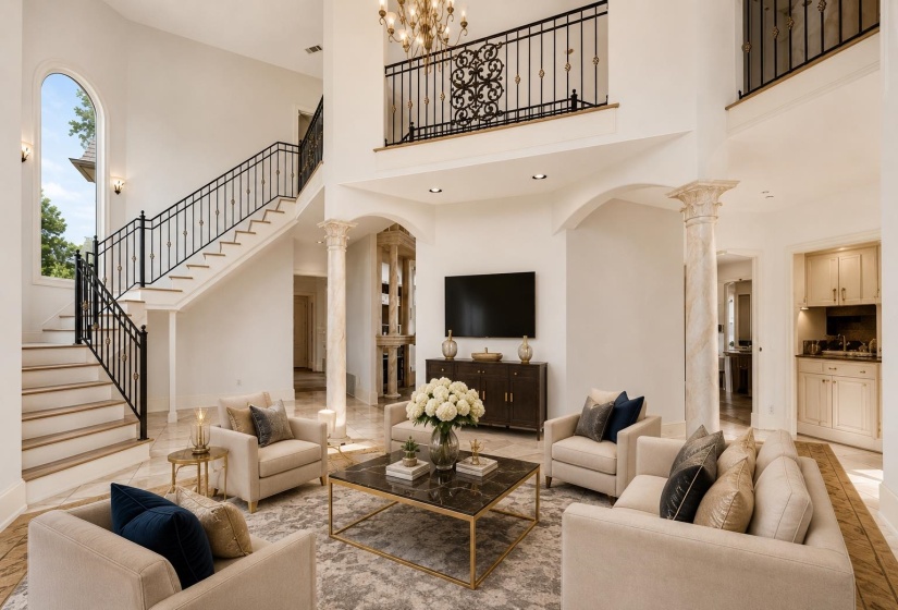 Two-story foyer with a grand staircase featuring wrought iron balusters and wood-finish treads