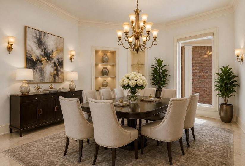 Spacious dining area featuring a tiered chandelier, recessed wall shelving with accent lighting, and elegant sconces