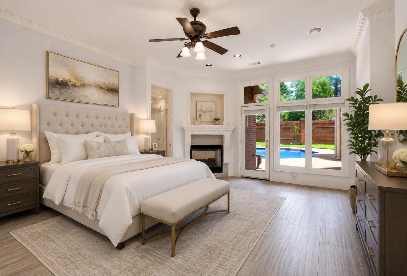 Spacious bedroom featuring wood-finish flooring, a ceiling fan with integrated lighting, and a built-in fireplace with a stone-finish mantel
