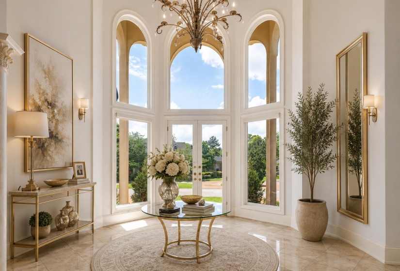 Grand foyer with soaring arched windows and transom details