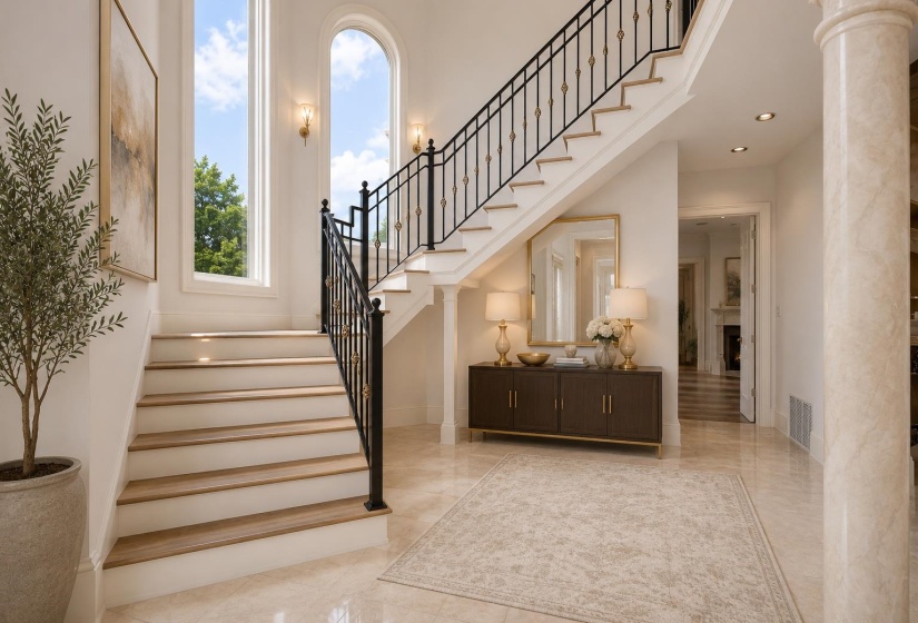Grand foyer featuring a sweeping staircase with wrought iron balusters and wood-finish treads