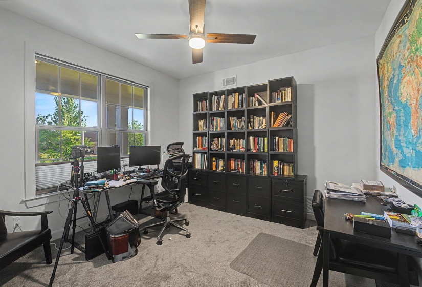 Bright room featuring two large windows, a ceiling fan with integrated lighting, and light-toned wall paint