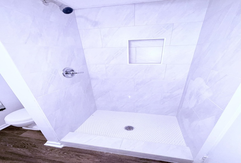Shower stall featuring light-toned large format wall tile, a built-in shower niche, chrome fixtures, and a white penny tile floor