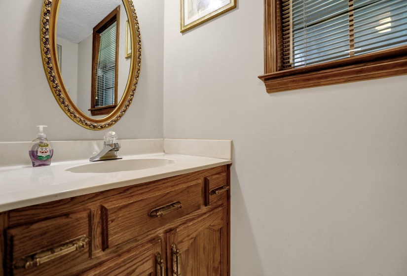 Bathroom vanity featuring a built-in sink, wood-finish cabinetry, and a light-colored countertop