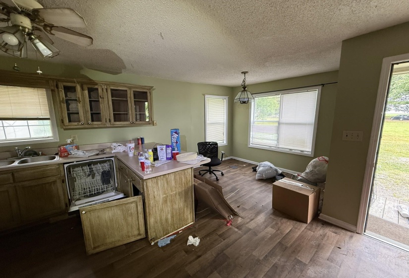 Kitchen space featuring wood-finish flooring, multiple windows, a ceiling fan, and built-in cabinetry with glass inserts