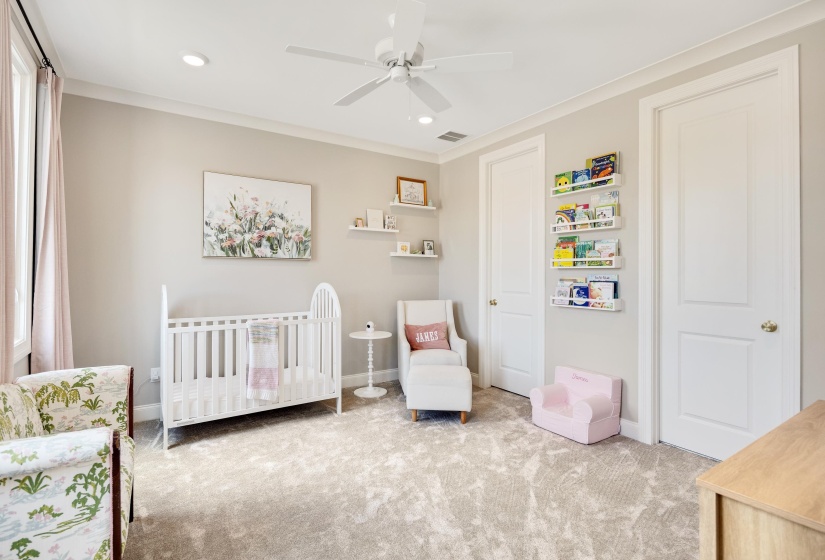 Spacious room featuring plush carpet, a ceiling fan with integrated lighting, and crown molding