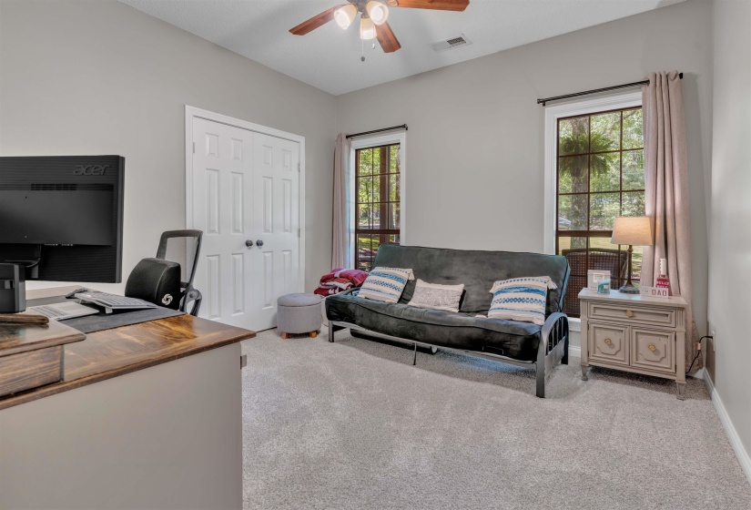Carpeted room featuring a ceiling fan with light fixture, two windows with blinds and drapes, and a double-door closet