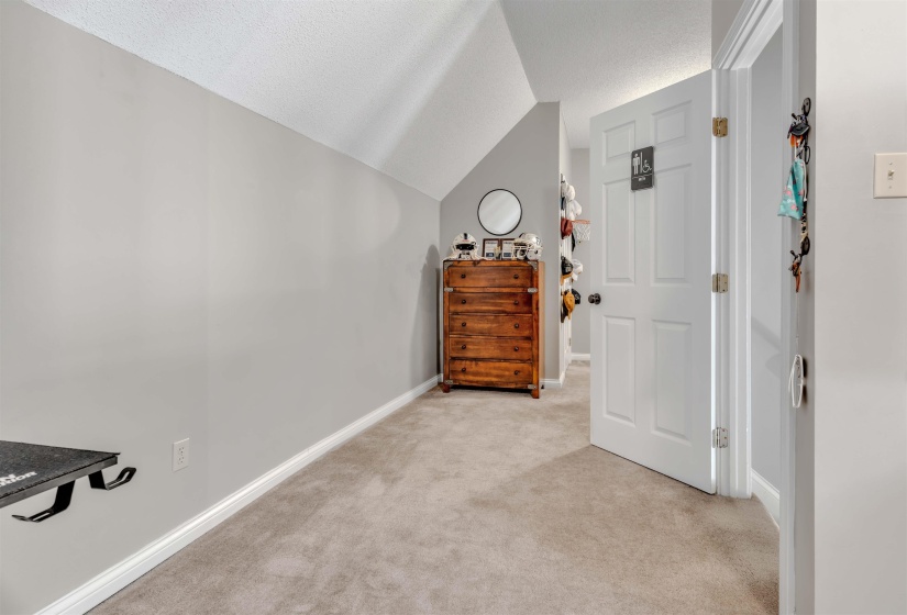 Carpeted room featuring a white paneled door, sloped ceiling, and neutral wall paint