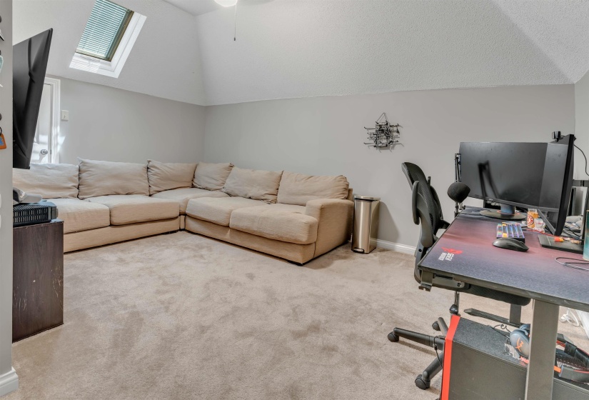 Carpeted room featuring a sloped ceiling with a skylight, a ceiling fan, and light gray painted walls
