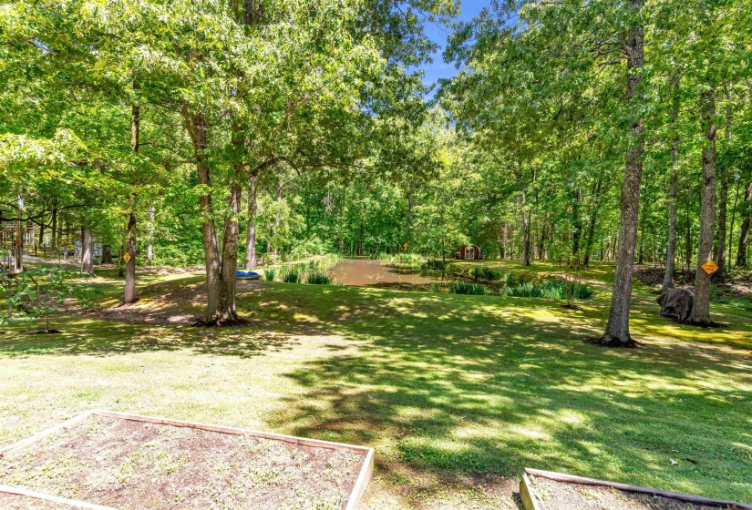 Expansive rear grounds featuring mature deciduous trees and a natural pond