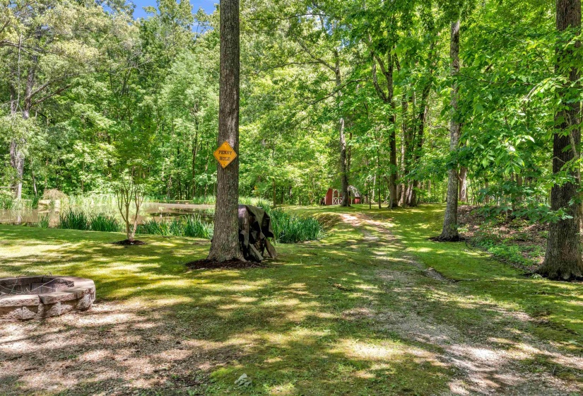 Wooded landscape featuring a stone fire pit, a pond with natural vegetation, and a red outbuilding