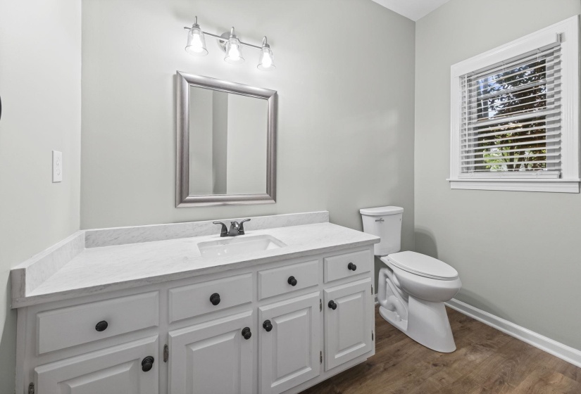 Half bathroom featuring vanity and dark wood-type flooring